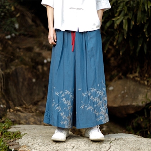 现货新款中式夏季2024风棉麻印花竹叶八分裤阔腿裤K211-P60图片