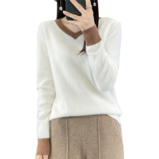 秋冬新款V领女拼色宽松套头韩版毛衣针织衫针织打底衫，女装羊毛衫，犀桦羊绒