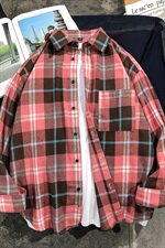 格子衬衫男韩版潮流帅气百搭宽松设计感长袖衬衣DF10T，男装衬衫，电商A102