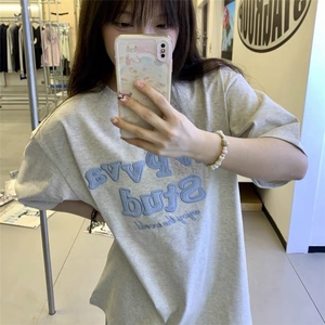 H0677-P35 刺绣贴布中长休闲宽松短袖t恤女图片