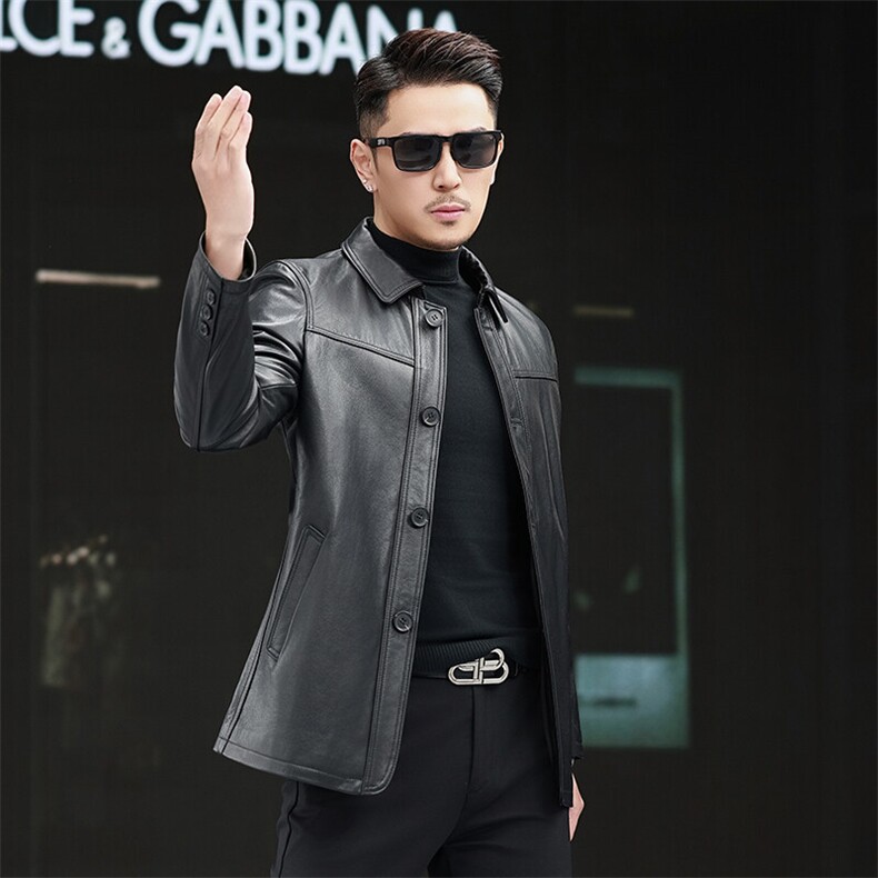 新款男士真皮皮衣男头层牛皮夹克爸爸装大码皮衣翻领百搭商务外套，男装夹克，电商B360
