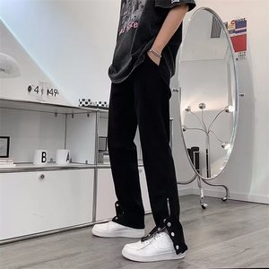 潮高街裤子潮ins拉链微喇修身牛仔裤男裤脚拉链纽扣 NN116图片