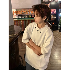 抖音得物品质二开240克宽松纯棉美式高街痞帅潮牌金属装饰短袖T恤，男装T恤，电商A486