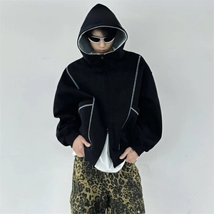 抖音得物高品质秋冬美式高街重磅结构辑明线纹理连帽卫衣外套W111图片