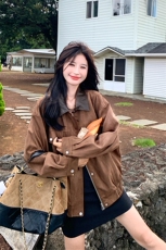 美拉德棕色麂皮绒短外套女2025秋季美式复古炸街pu皮翻领宽松夹克，女装短外套，2C025