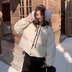 新款现货千金风波点韩系休闲短款丝绒领带羽绒服外套，女装羽绒服，2B115