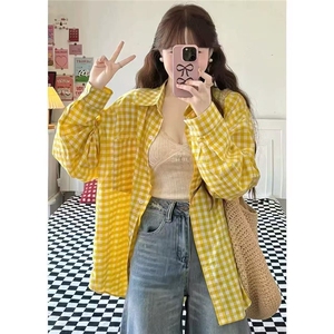韩系年轻显白polo领格子衬衫女叠穿宽松遮肉显瘦长袖衬衣外套上衣图片