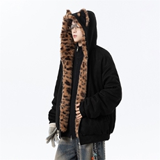豹纹座山雕麂皮猫耳朵连帽棉服外套加厚棉衣2312P118，男装棉衣，星座506-1