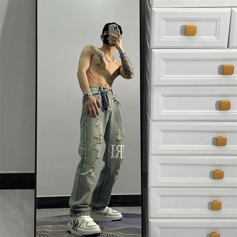 23春夏季美式复古破洞直筒牛仔裤纯色百搭裤子JZX97-P58,男装牛仔裤,星座1109-3