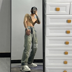 23春夏季美式复古破洞直筒牛仔裤纯色百搭裤子JZX97-P58，男装牛仔裤，星座1109-3