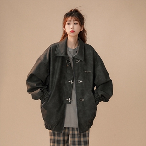 中性风美式夹克女大码夹克男水洗雪花皮衣女JK8741P130控168图片