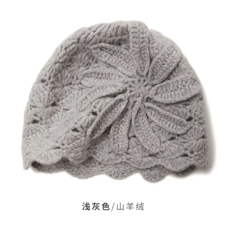 时尚手工编织花朵装饰羊绒针织帽 浅灰色图片