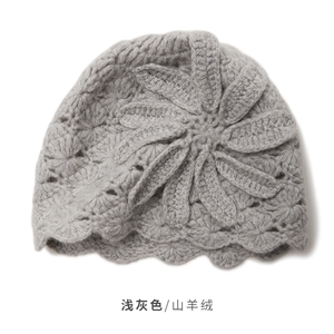 时尚手工编织花朵装饰羊绒针织帽 浅灰色图片