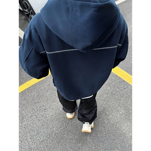 抖音得物高品质秋冬美式高街重磅结构辑明线纹理连帽卫衣外套W111图片
