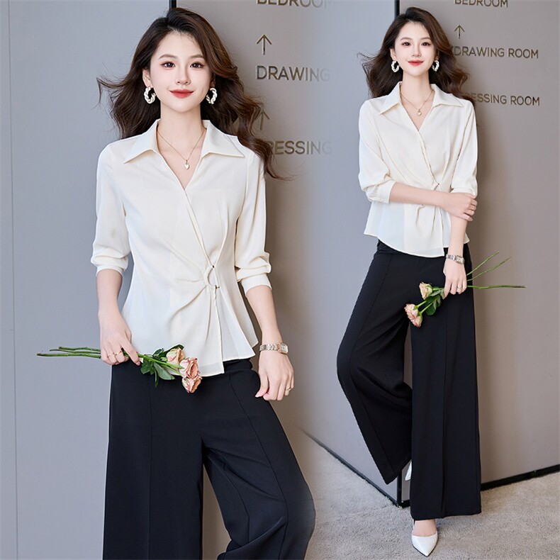 2024秋年法式通勤洋气V领修身衬衣气质垂感直筒百搭阔腿裤两件套，女装套装/套裙，时尚俏佳人