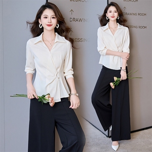 2024秋年法式通勤洋气V领修身衬衣气质垂感直筒百搭阔腿裤两件套，女装套装/套裙，时尚俏佳人