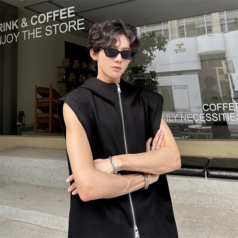 垫肩连帽拉链设计高街纯色百搭休闲潮男背心A071-806-P40,男装背心/马甲,电商A071