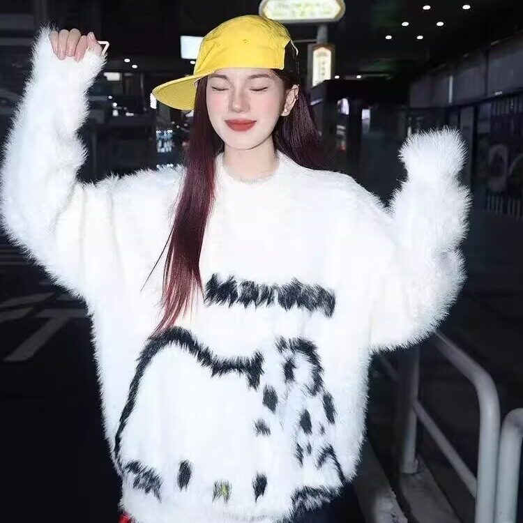 秋冬新款宽松美式复古设计感圆领毛衣美式男慵懒风休闲百搭针织衫图片
