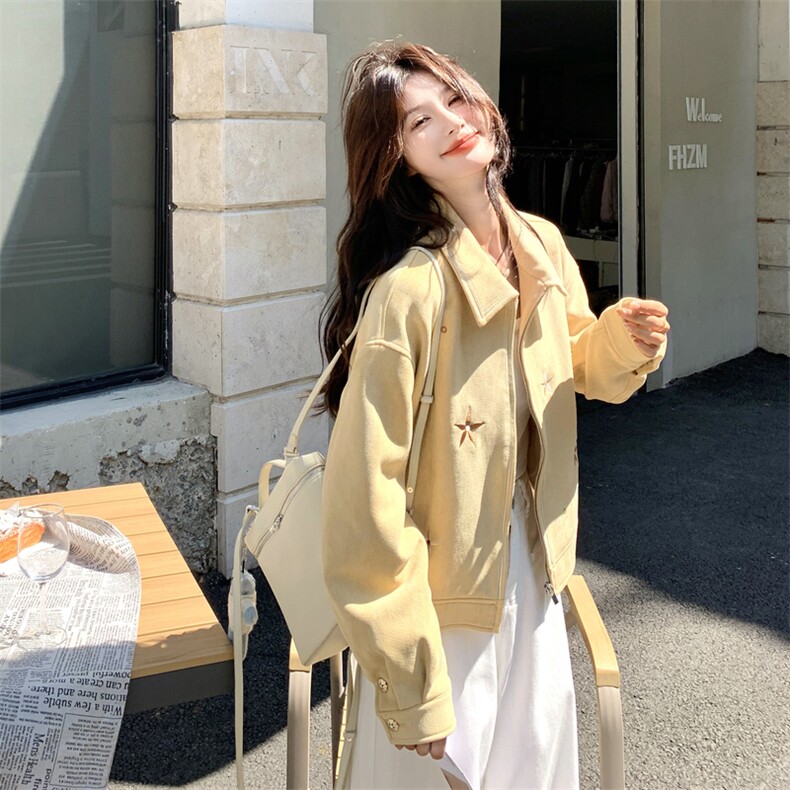 黄色麂皮绒短外套女2025秋季新款韩系设计感洋气减龄刺绣夹克上衣,女装短外套,2C198