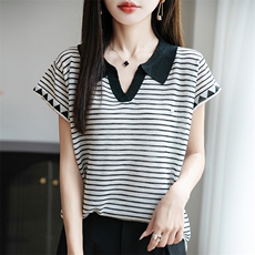 撞色翻领条纹针织小飞袖T恤女2025夏薄款显瘦Polo领短袖T恤衫上衣，女装T恤，菲奥羊绒
