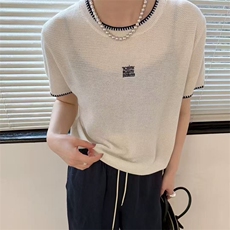 夏季新款圆领针织短袖时尚百搭有气质，女装针织衫/毛衣，锦弘羊绒