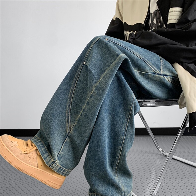 水洗蓝牛仔裤男美式复古裤子宽松直筒阔腿长裤A080-9002-P55控78，男装牛仔裤，电商A080
