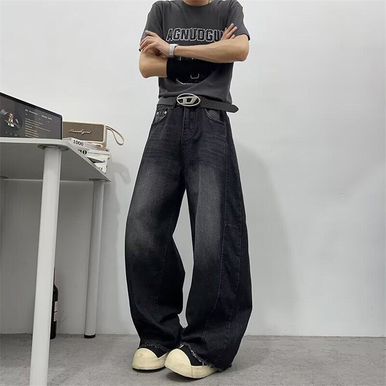 美式辣妹黑灰色弯刀牛仔裤男女低腰显瘦2026新款镰刀裤·B1622图片