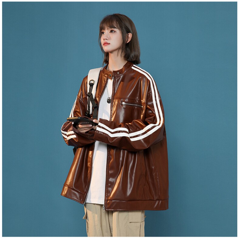 高品质美式条纹小立领PU皮衣情侣机车服夹克外套JK2315-P98控128,男装夹克,星座221-1