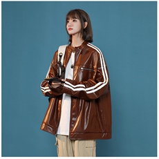 高品质美式条纹小立领PU皮衣情侣机车服夹克外套JK2315-P98控128，男装夹克，星座221-1