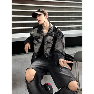 【自家图】美式牛仔外套男扎染高街双排扣夹克N525P85118图片