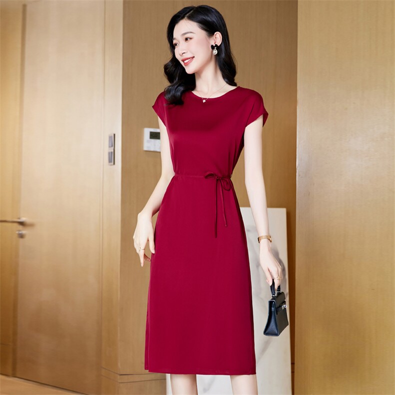 杭州真丝连衣裙女2025夏季新款气质女神范品牌红色桑蚕丝纯色裙子,女装连衣裙,阿舍尔精品