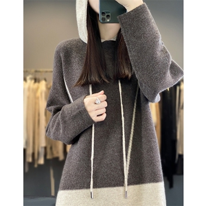 秋冬新款连帽抽绳100%羊绒衫女宽松拼色时尚慵懒羊毛针织打底上衣图片