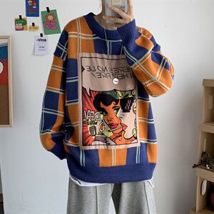 秋冬趣味印花情侣毛衣韩版宽松潮流格男女套头ins针织衫T810图片