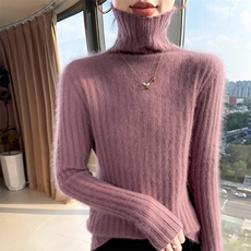 2025秋冬百搭时尚简约高领堆堆领长袖抽条针织衫，女装针织衫/毛衣，冬贝尔貂绒