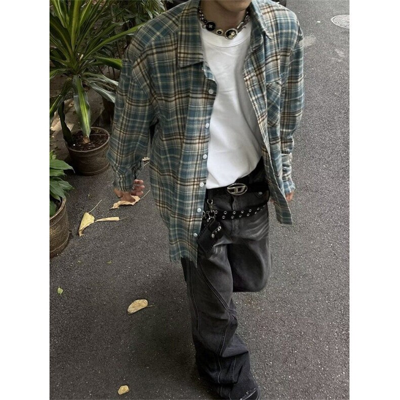 蓝色格子衬衫男美式复古格纹长袖衬衣痞帅休闲外套C2250,男装衬衫,星座1116A（原606A-3）