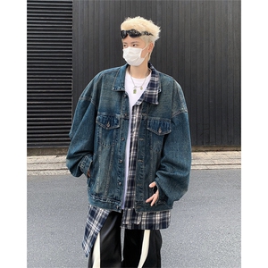 得物二开 设计感格子不规则拼接假两件牛仔外套男夹克JK1279-P65图片
