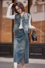 牛仔刺绣马甲半身裙上下分体两件套女2025春秋装新款时尚减龄套装，女装套装/套裙，意芙
