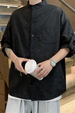 满天星空立领衬衫男夏季外套新款暗红色开衫短袖宽松衬衣七分半袖，男装衬衫，电商A141