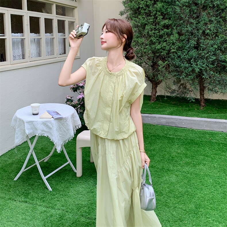 温柔风甜美浅绿色衬衫半身裙套装女夏2025新款独特漂亮显瘦两件套,女装套装/套裙,浙宝301
