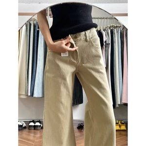 时尚美式复古卡其色宽松阔腿牛仔裤女小个子显腿长休闲长裤潮流图片