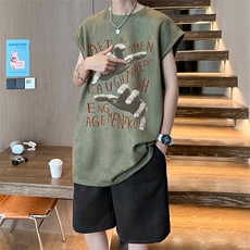 直播美式麂皮绒宽松背心无袖t恤短裤大码两件套套装TZ34-P58，男装T恤，电商A486