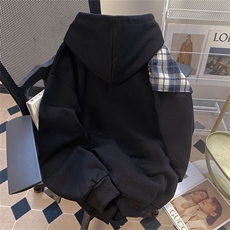拼接格子绑带设计重磅秋冬全棉高品质美式高街连帽卫衣外套Y7803，女装短外套，电商A486-1
