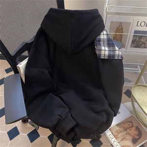 拼接格子绑带设计重磅秋冬全棉高品质美式高街连帽卫衣外套 Y7803图片