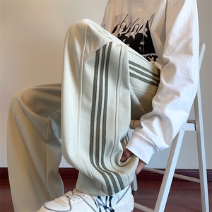 美式hiphop运动裤子男春秋季复古三条杠条纹卫裤宽松直筒休闲长裤图片