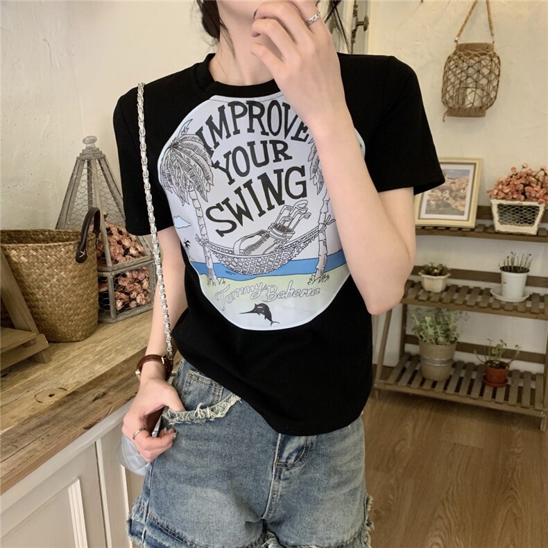 【直播品质】辣妹椰树印花短袖T恤女短款露脐上衣ZT2519-P40,女装T恤,电商B245
