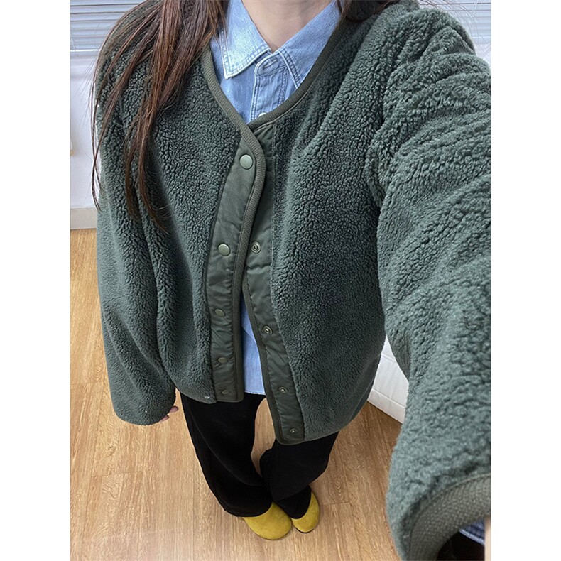 高品U家秋冬防风仿羊羔绒摇粒绒圆领宽松开衫外套男女A1183-P75,女装短外套,星座1505