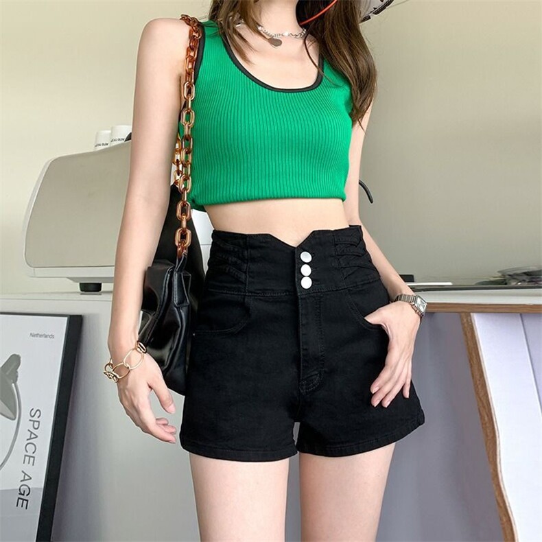 美式高腰束腰三排扣牛仔短裤设计交叉系带感显瘦显高a字短裤，女装牛仔裤，星座506A
