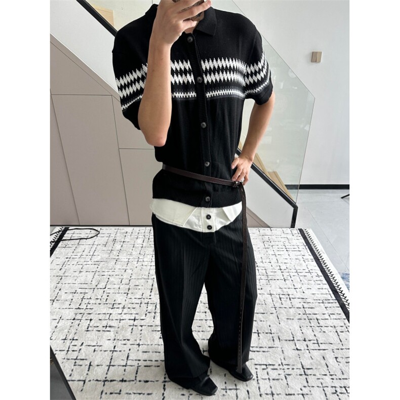 XZ1005-1-TTH615-P60 开衫短袖男款夏季翻领针织T恤提花条纹半袖图片