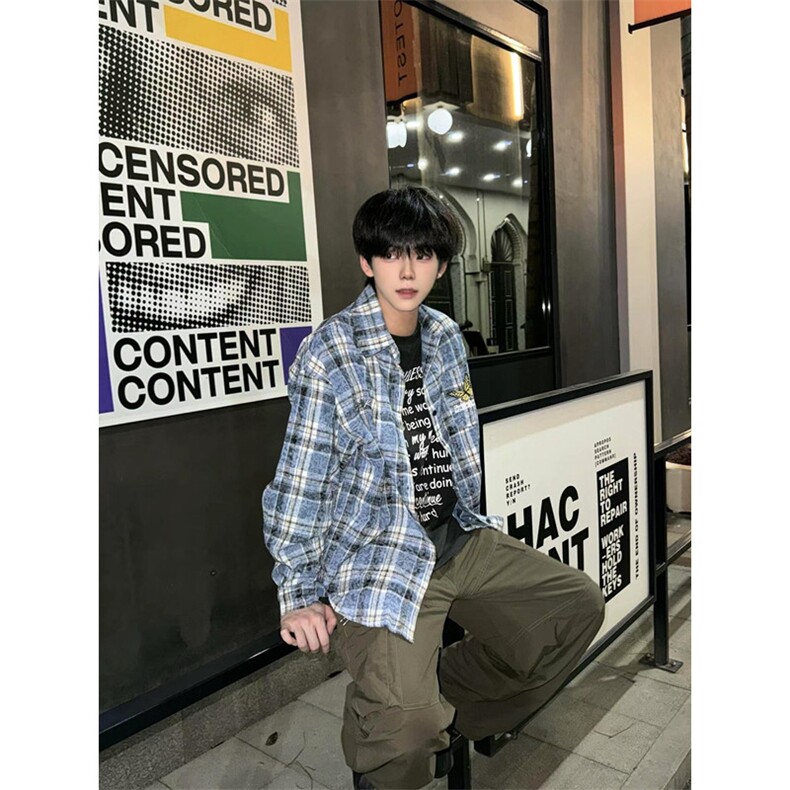 美式蝴蝶刺绣格子衬衫男秋季新款别致设计小众装衬衣外套CY14,男装衬衫,星座1116A（原606A-3）