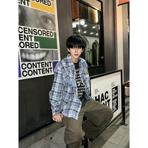 美式蝴蝶刺绣格子衬衫男秋季新款别致设计小众装衬衣外套 CY14图片
